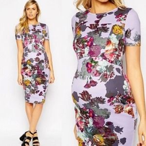 Asos Maternity Floral Print Ponte Knit Bodycon Dress Size 8 Purple Short Sleeve